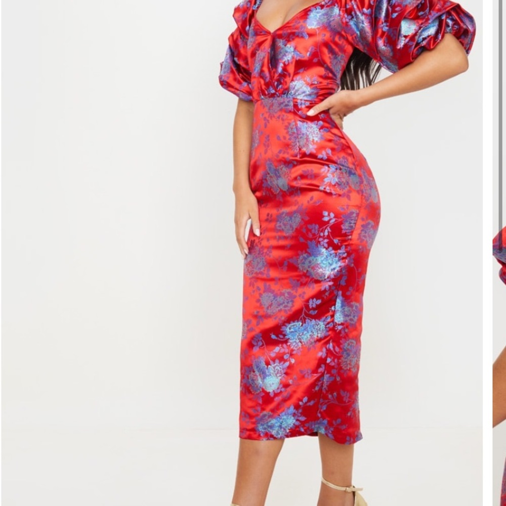 Red floral jacquard lace up back midi dress